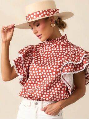 NWT Prosperina Blair Brick Red Cotton Polka Dot Cotton Ruffle Top Medium